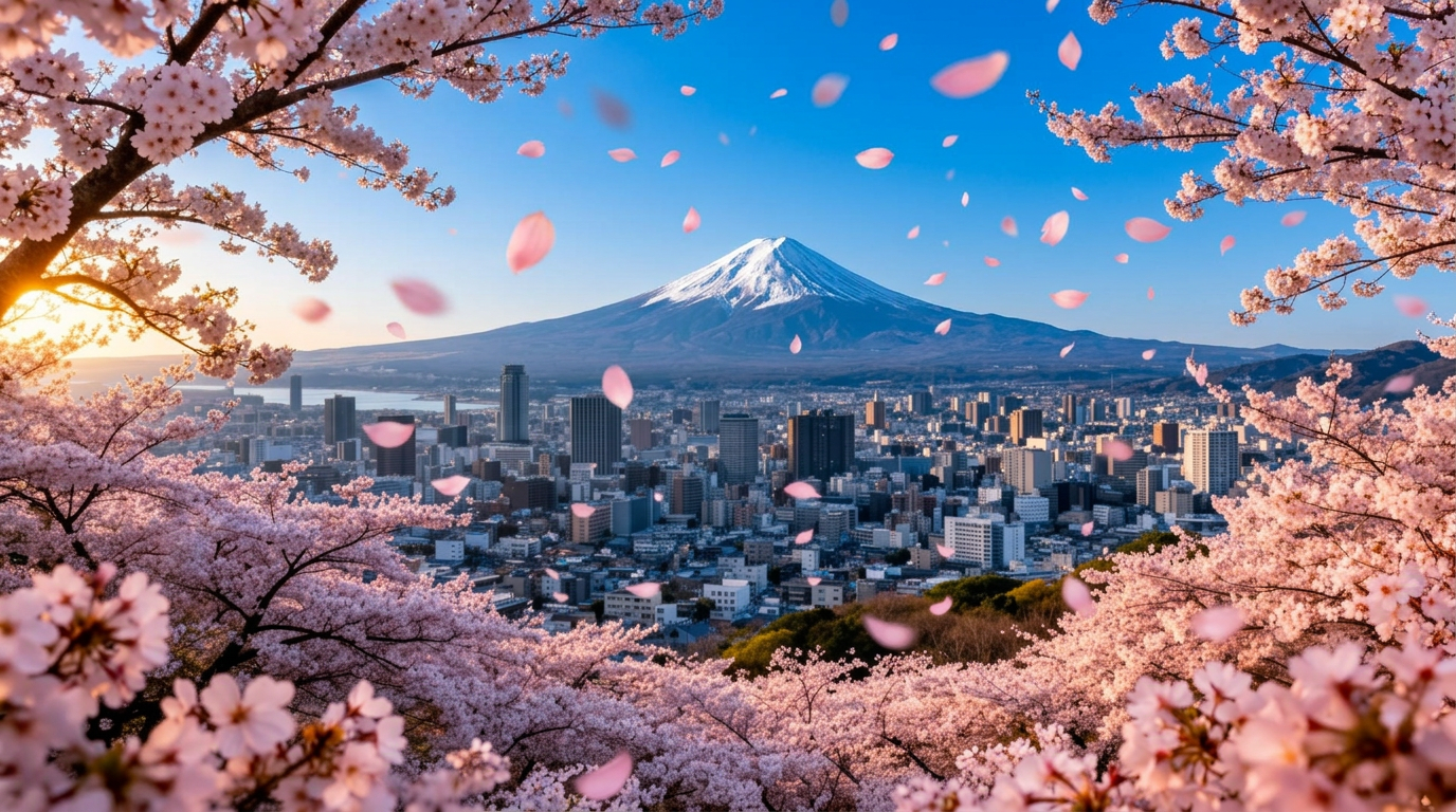 Tokyo cityscape with cherry blossoms in full bloom and Mount Fuji